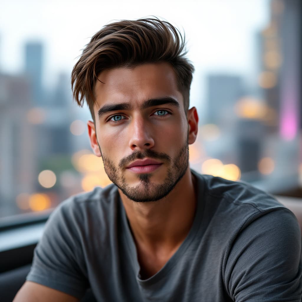 AI generated: High-quality photo of a 25-year-old white American man, medium brown hair with side part, light stub...