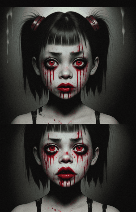 AI generated: make a hideous face of a girl that looks ugly, make her eyes sag, make her have a 
missing bottom li...