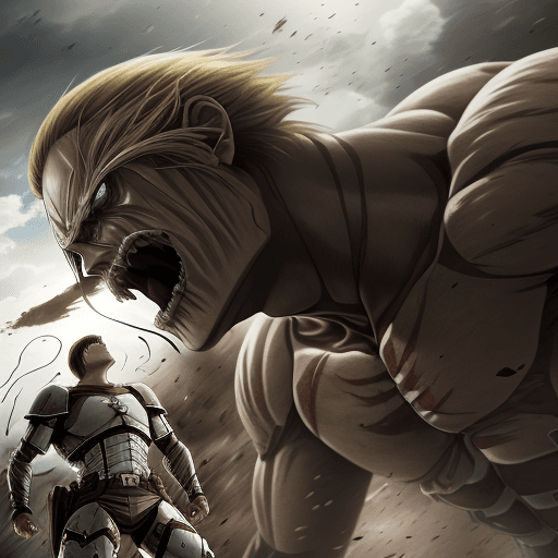 AI generated: masterpiece, cinematic scene, award winning, cinematic angle, Attack on titan, Levi versus armored T...