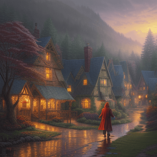 AI generated: Thomas Kinkade style watercolor painting of a beautiful village in the middle of an enchanted forest...