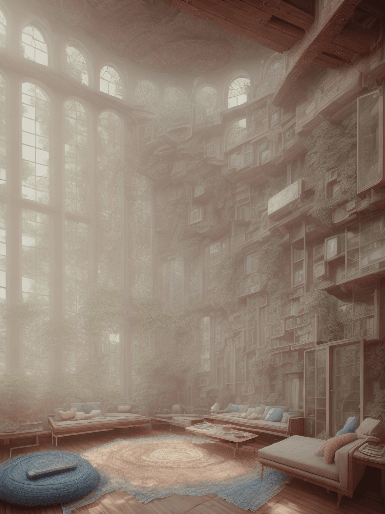 AI generated: High resolution photography interior design, dreamy sunken living room conversation pit, wooden floo...