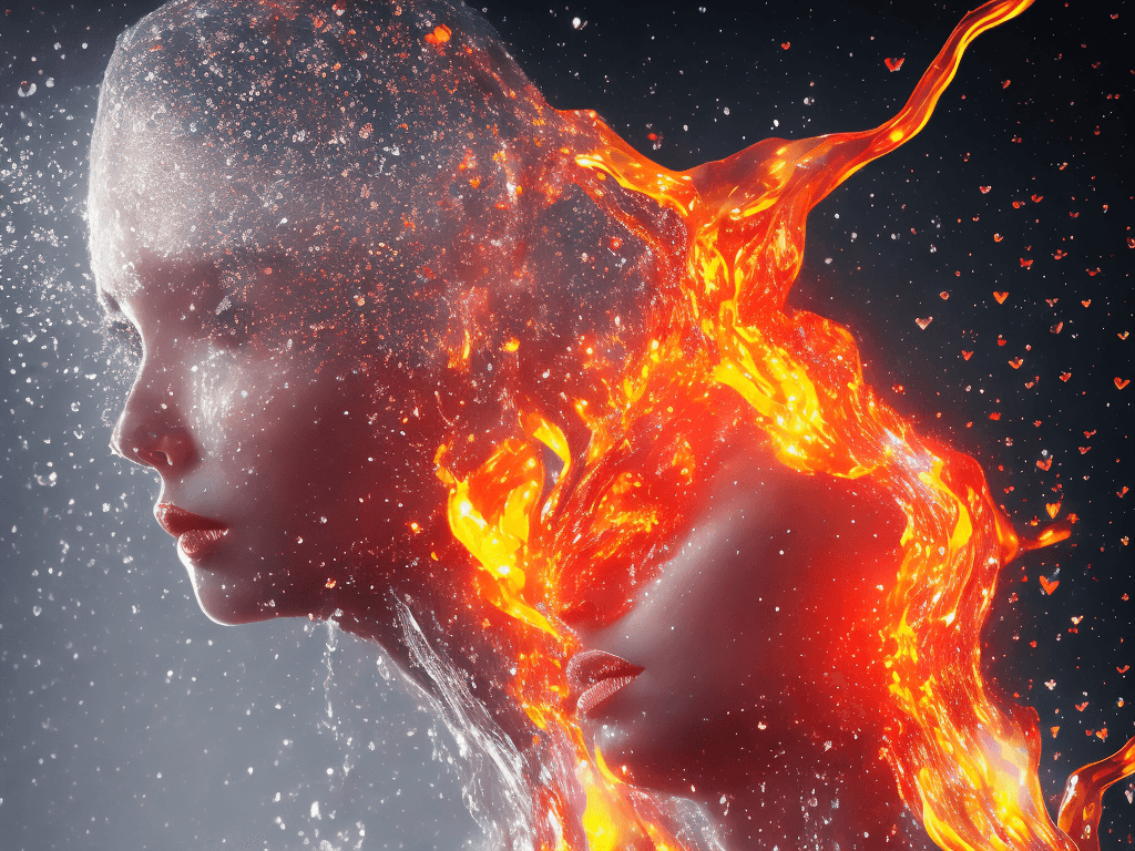 AI generated: Double exposure splash opaque woman shape composed from transparent flame with opaque fire , all com...
