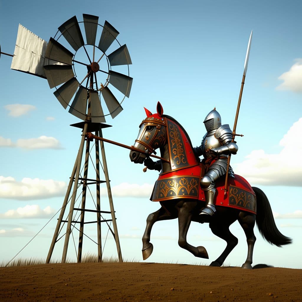 AI generated: a animal faced knight  fight a windmill

