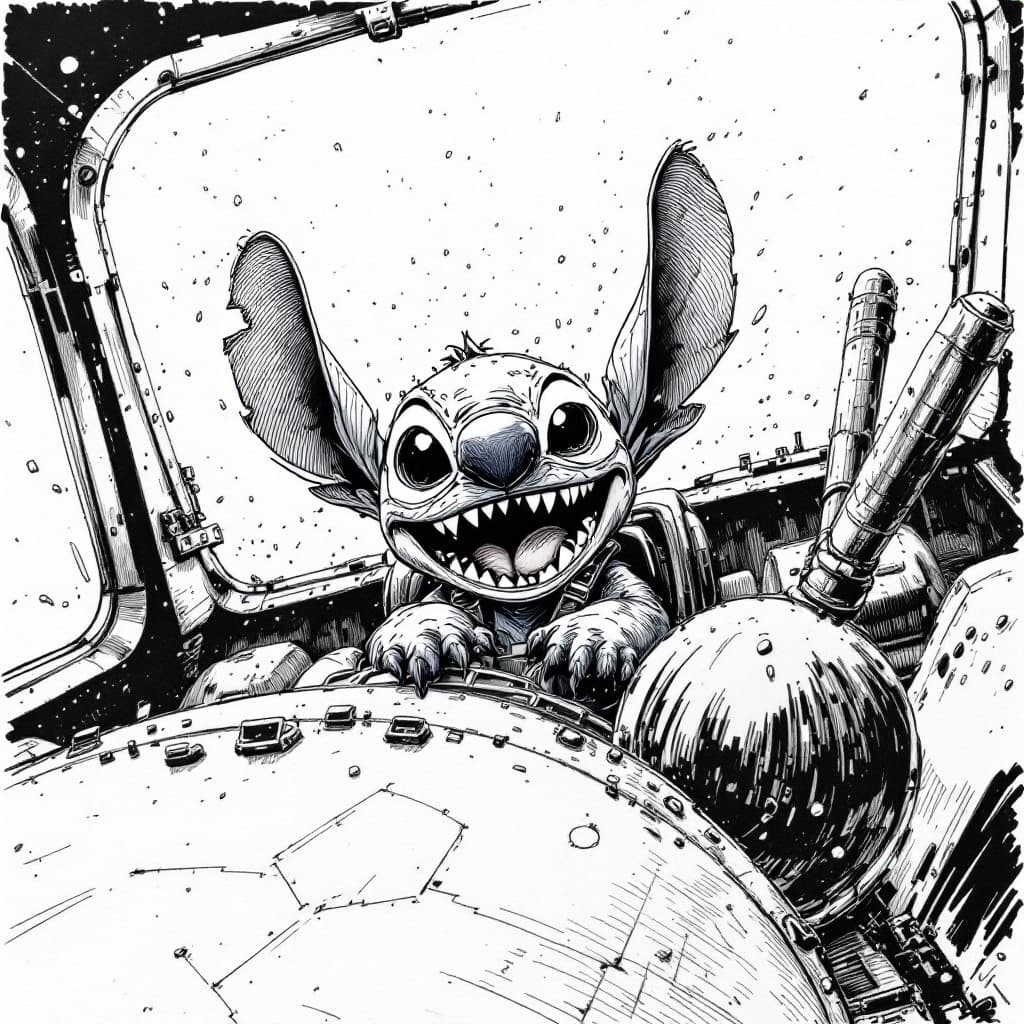 AI generated: Stitch,The action is hilarious,Pen and ink drawings,Fly a plane
