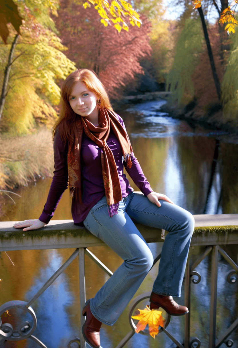 AI generated: This is a photograph of a woman sitting on a railing of a bridge over a beautiful creek in autumn. T...