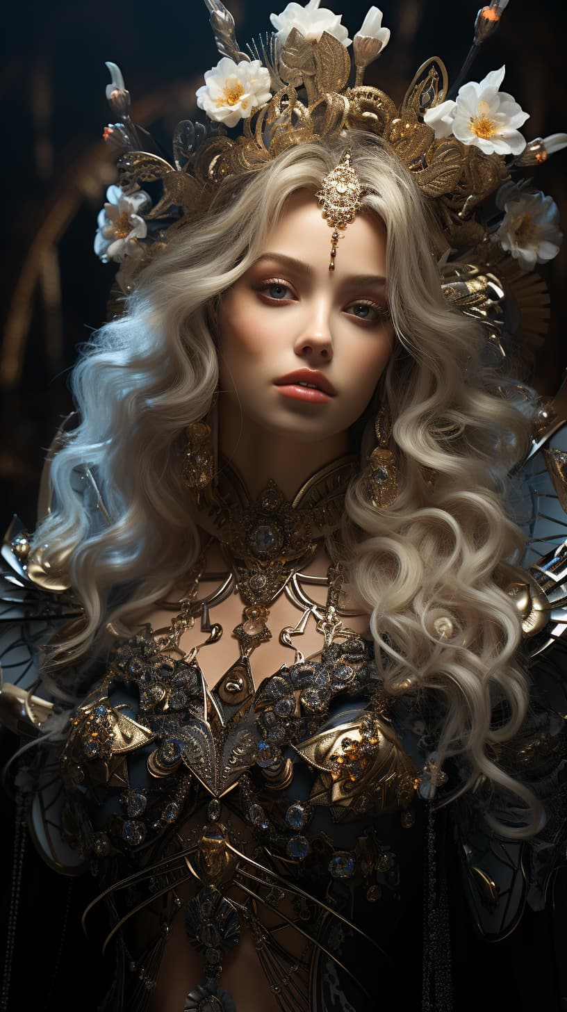 AI generated: dressed in fancy ornaments, character design, void angel, macro portraits, intricate details, octane...