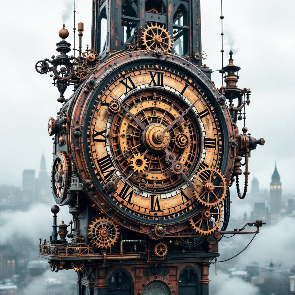 AI generated: A steampunk clock tower with spinning gears, foggy city below, brass and copper tones.