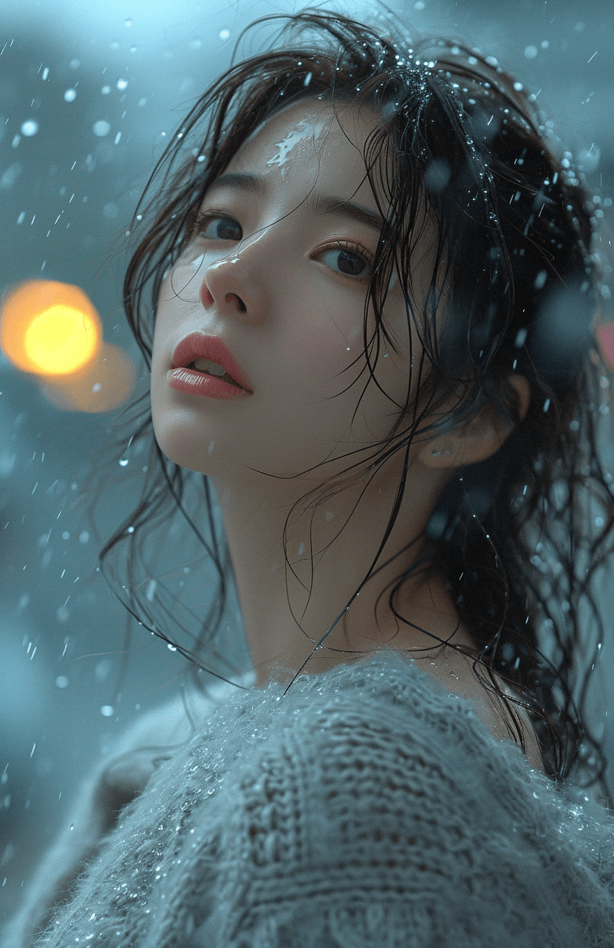 AI generated: a girl standing in the rain wearing a grey sweater, in the style of influenced by ancient chinese ar...