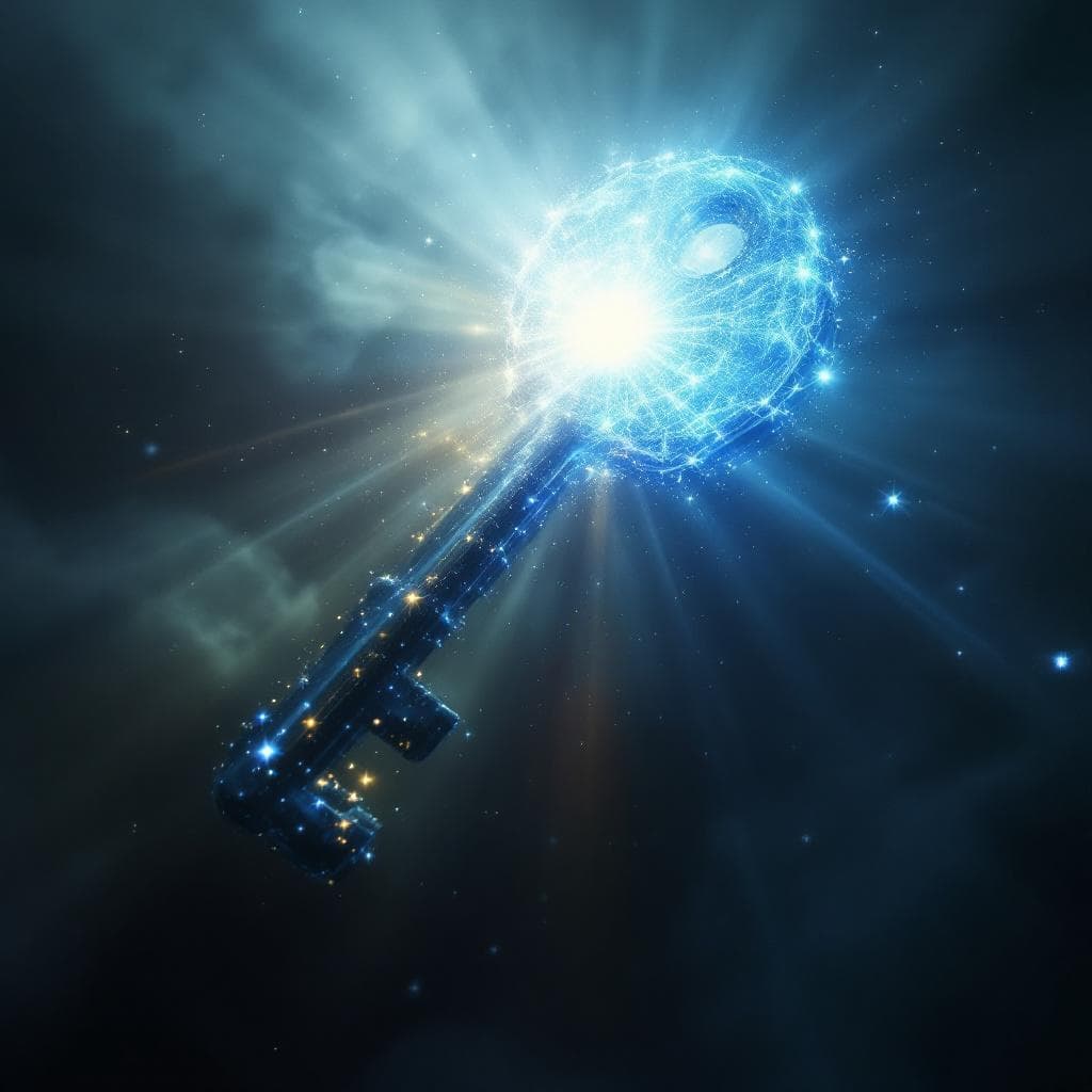 AI generated: Create a key made of Light and energy with a white hole that has light flowing out of it at the hilt...