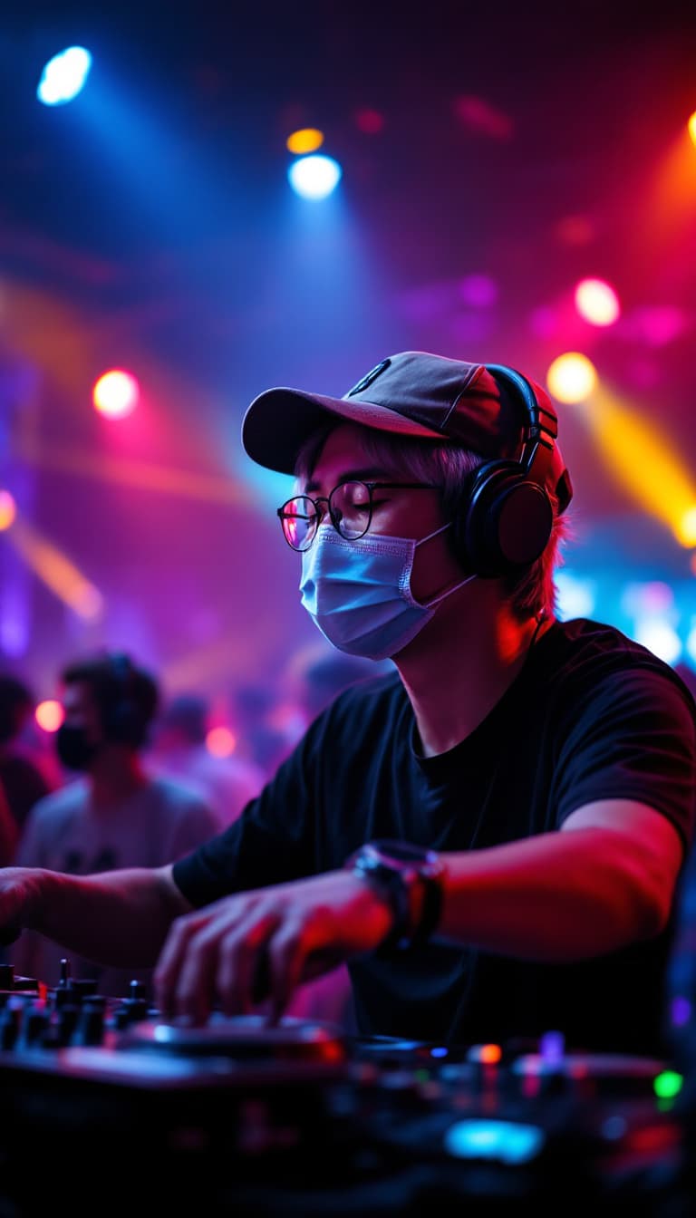 AI generated: An asian, closed eyes, DJ with a face masked and glasses wearing a baseball cap, gray-silver hair an...