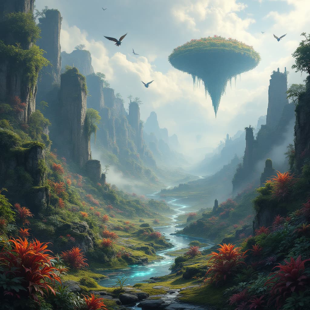 AI generated: A fantastical, mysterious landscape set in an ancient, magical world. The terrain is a mix of lush, ...