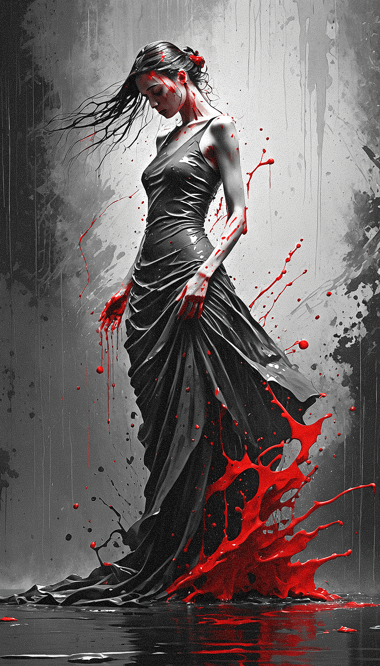 AI generated: An artistic portrait of a woman with a dark grayscale color palette, accented with selective splashe...
