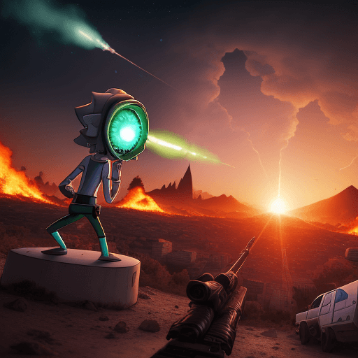 AI generated: Rick and Morty with sci fi blasters fighting together against muslims in Kosovo in front of burning ...
