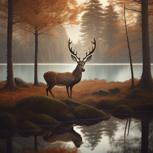 AI generated: a photography of stag in a forest in autumn, in front of a lake, end of day, leaves, surreal, tame c...