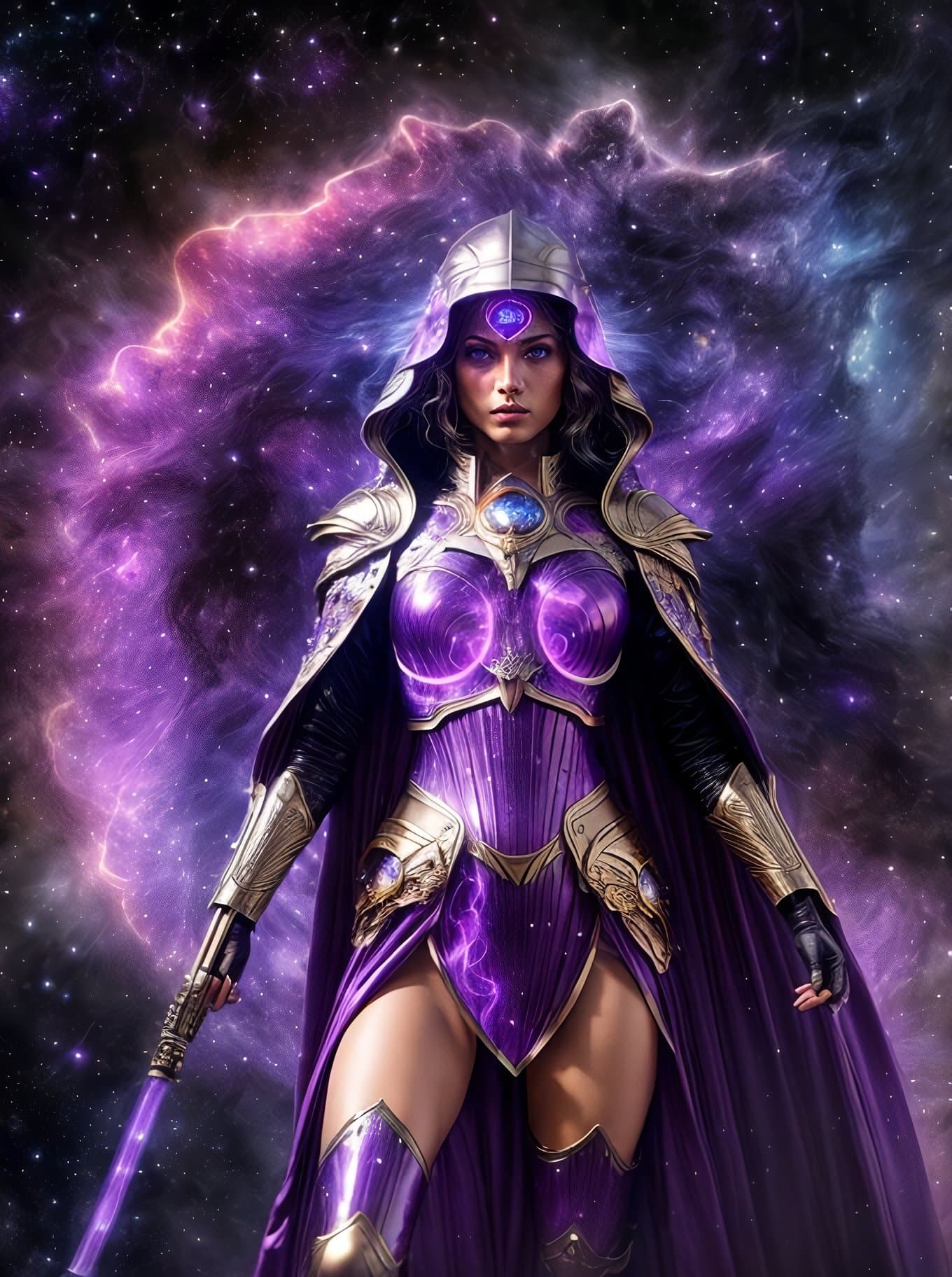 AI generated: golden armored woman made of stars and colorful space light, (badass:1.3), mighty goddess of the nig...