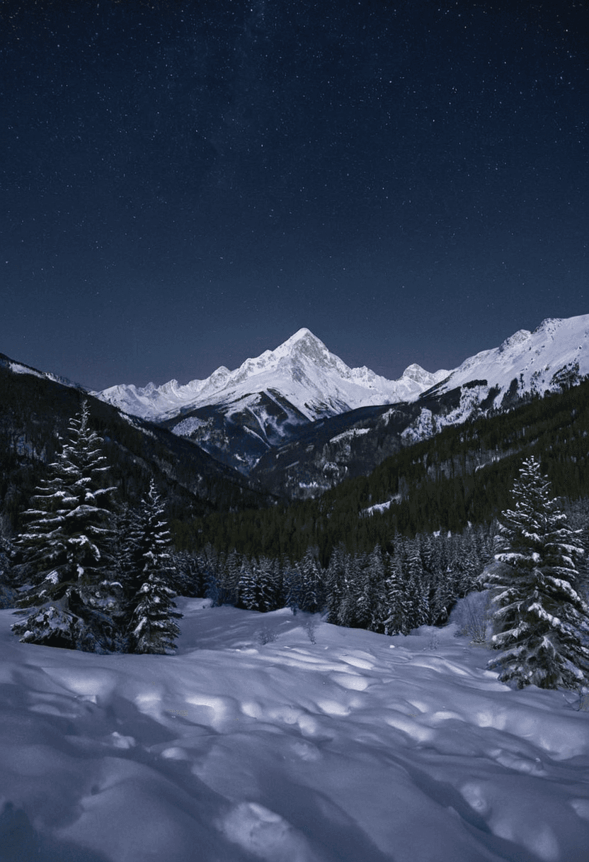 AI generated: A serene mountain valley, covered in a thick blanket of snow, with evergreen trees stretching up to ...
