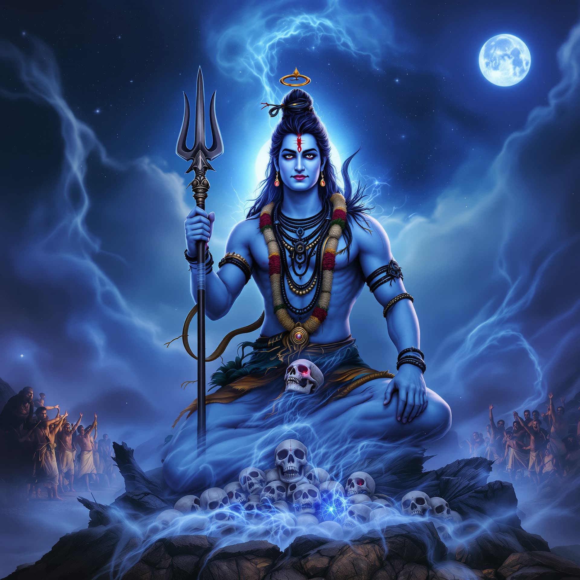 AI generated: Add Make realistic shiv ji with Moon, serpent, rudraksh, ganga mata, garland of skulls One Trishul S...