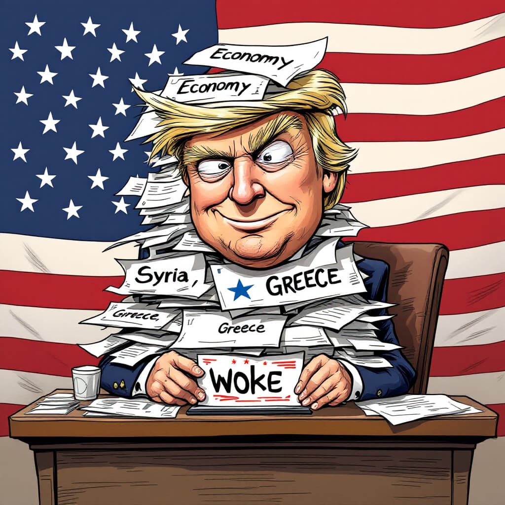AI generated: A satirical caricature of Donald Trump, with an oversized head and tiny body, sitting at a desk pile...