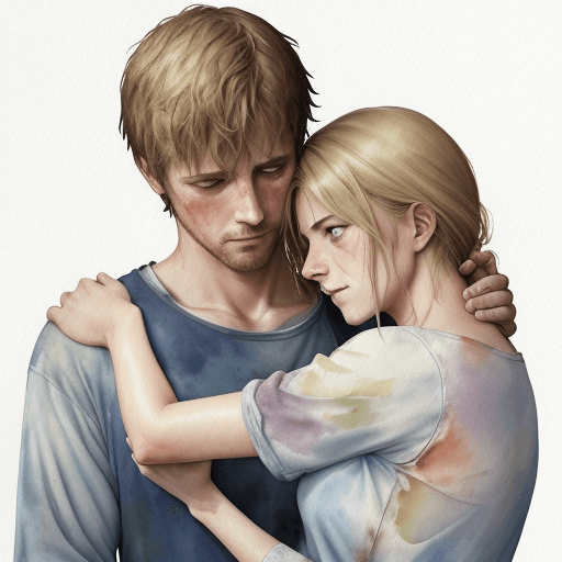 AI generated: Watercolor scene of a husband, his clothes stained with signs of coming home from hard work, holding...