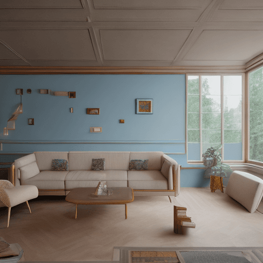 AI generated: High resolution photography interior design, dreamy sunken living room conversation pit, wooden floo...