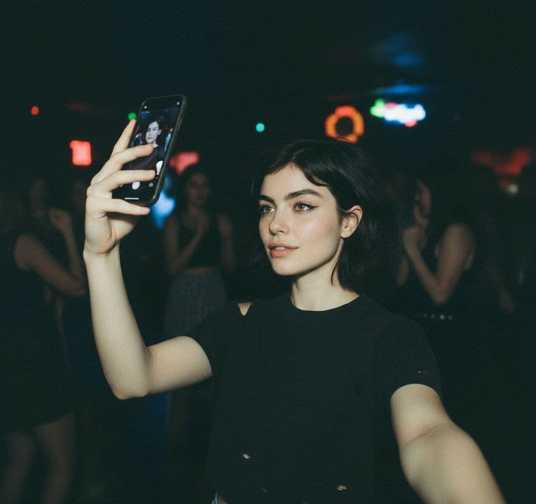 AI generated: She at the same location (club) but taking a picture from her phone as a selfie,
Preserve the facia...