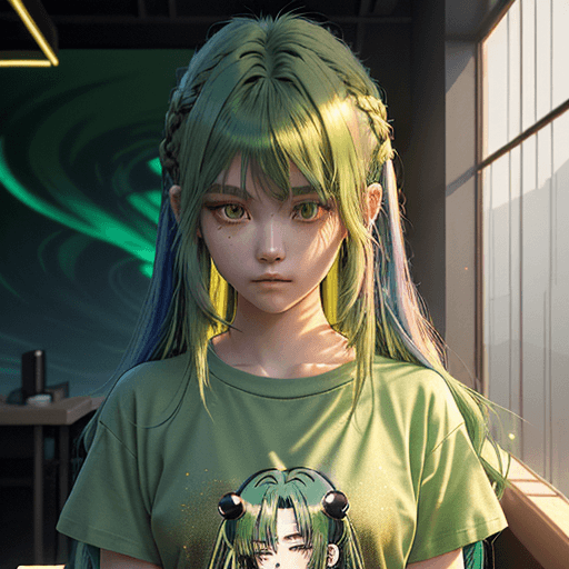 AI generated: girl with green hair highlights in small translucent t-shirt, long brown hair, in the style of hyper...