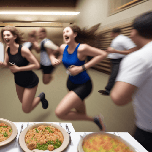 AI generated: a realistic shot of a group of people running behind food at a party
