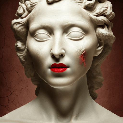 AI generated: An image of a classical sculpture of a cracked female face with serene, opened eyes and full red lip...