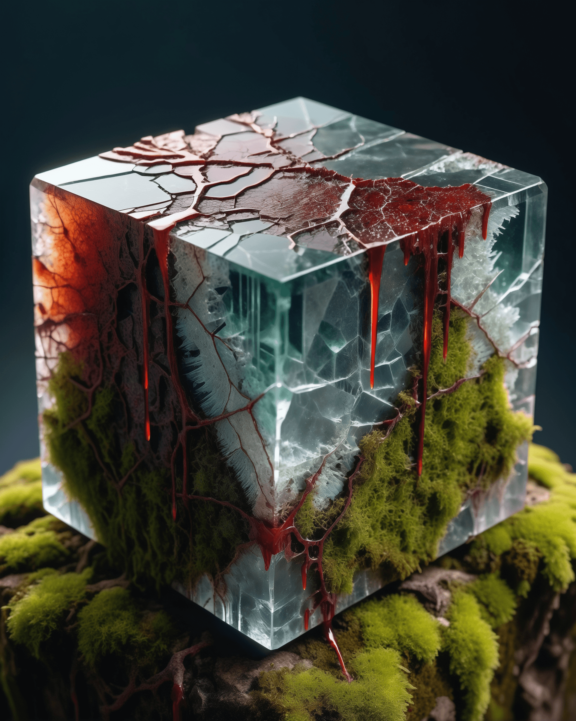 AI generated: close-up photo of a beautiful highly detailed mineral cube , cracked surface, frosted colors, blood ...