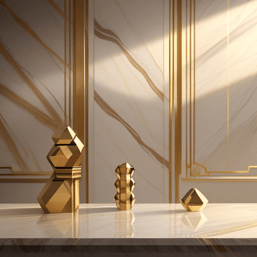 AI generated: studio photography set of high detail irregular marble stones with gold lines stacked in impossible ...