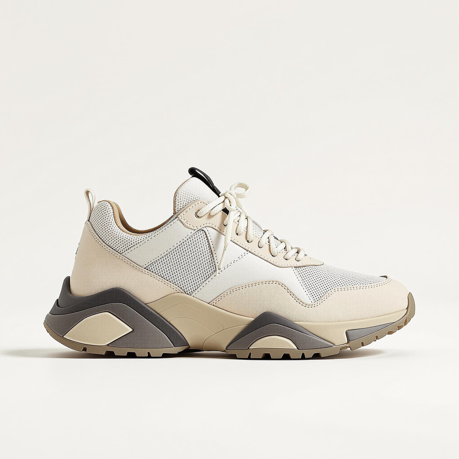 AI generated: One cream low sneaker packshot from the side, on a white background designed by moncler trailgrip x ...