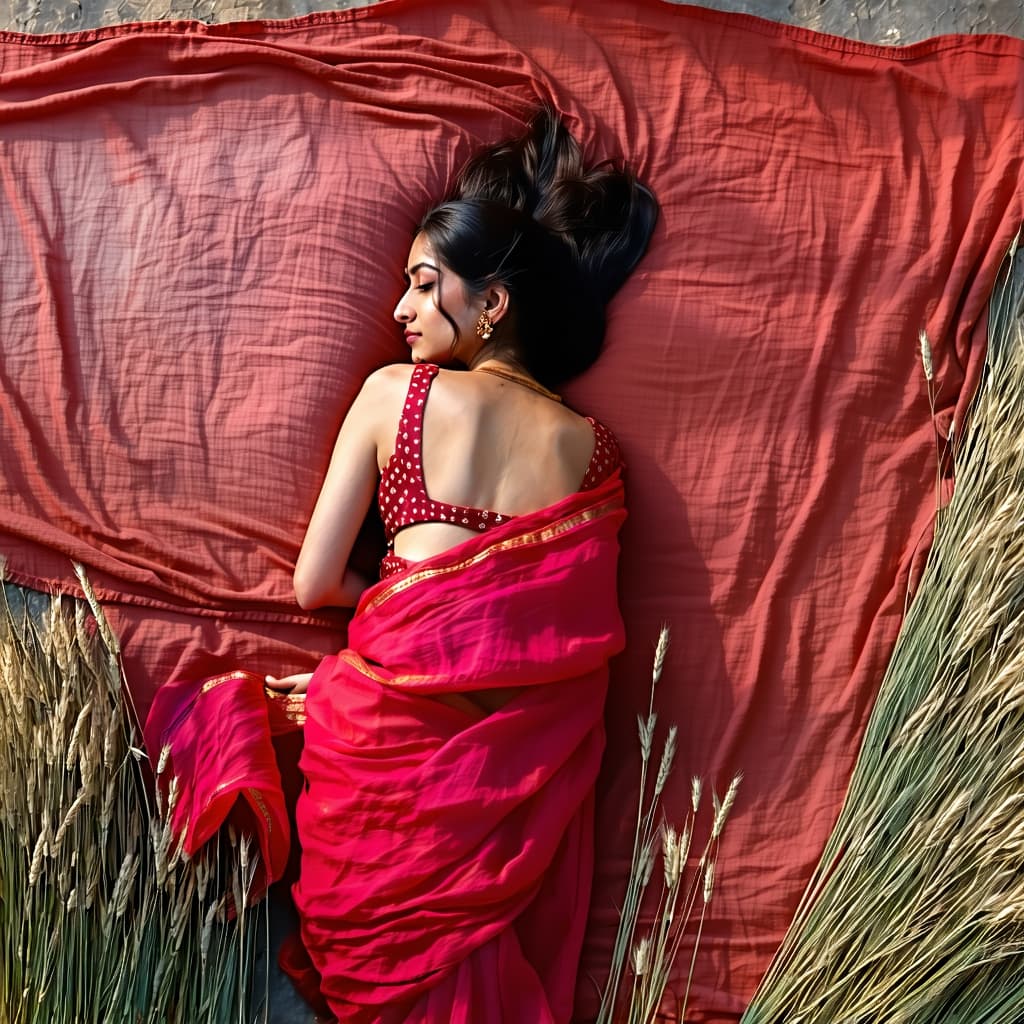AI generated: Sari rouge mouillé, femme indienne, dormant à l'envers sur le bord du lit, dos gras, corps gras, en ...