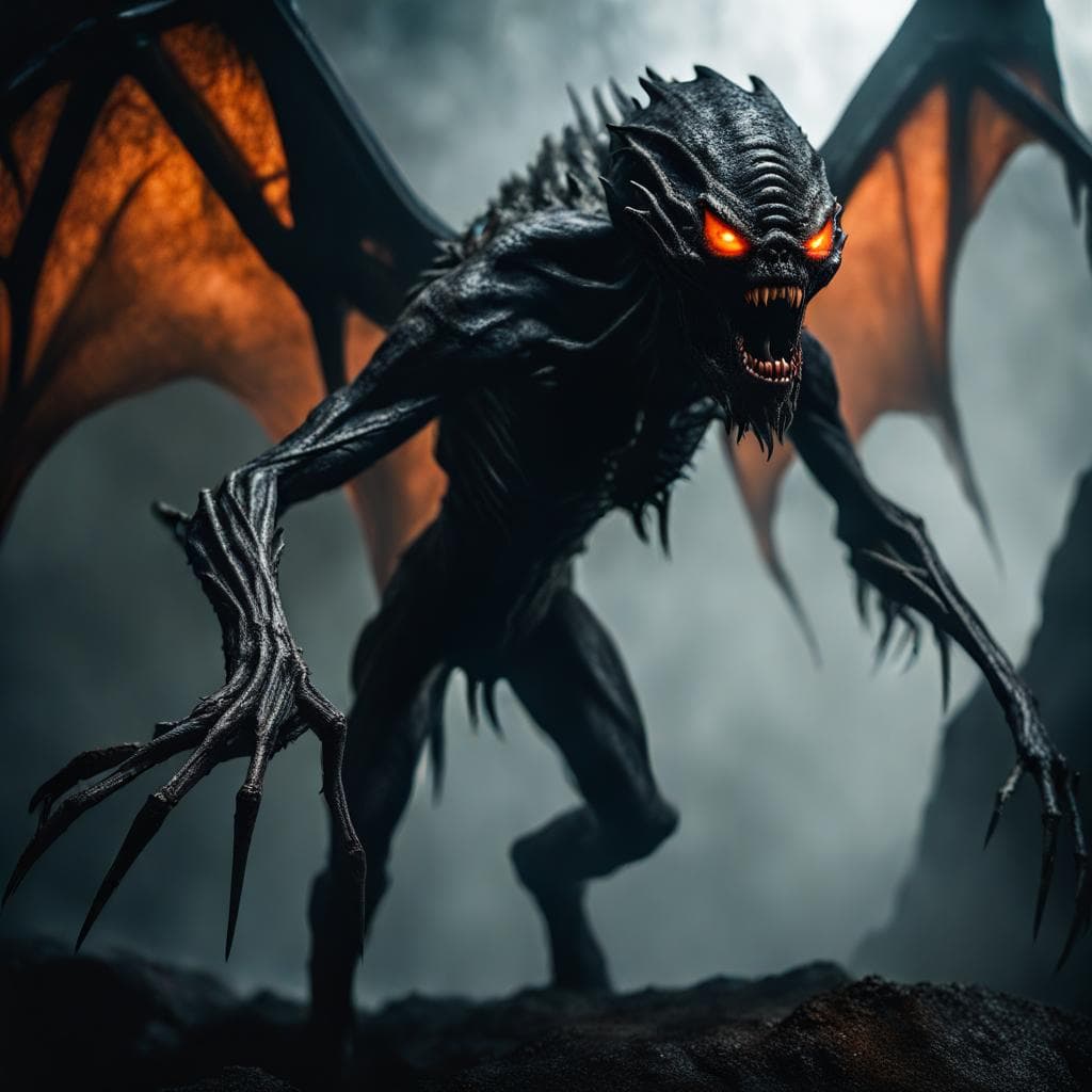 AI generated: A mutated deadly cave creature, evil facial expression, dark cave, colors black and neon orange, int...
