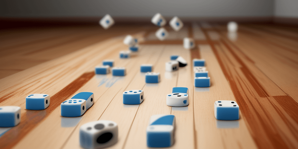 AI generated: A trail of dominos set up to create a chain reaction on a hardwood floor and the closest domino has ...