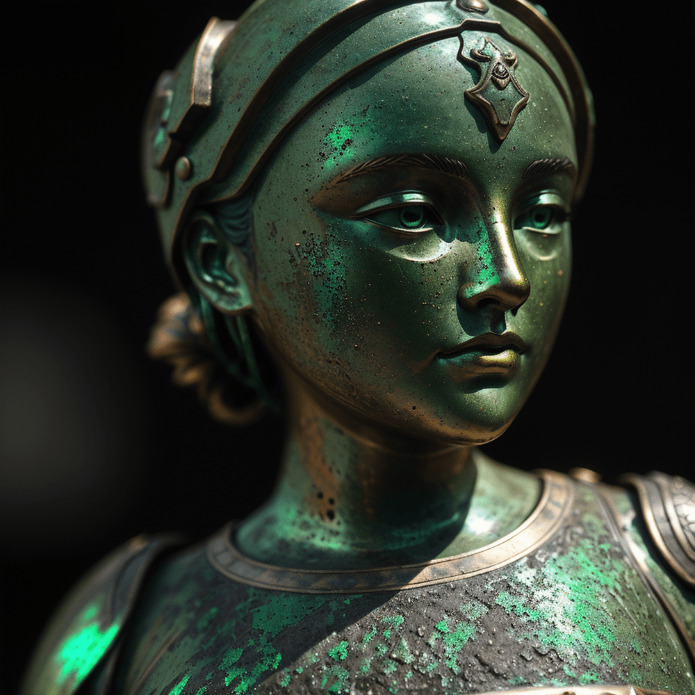 AI generated: bronze girl statue , detailed abrasions, bronze armor,( detailed green patina:1.4),black background,...