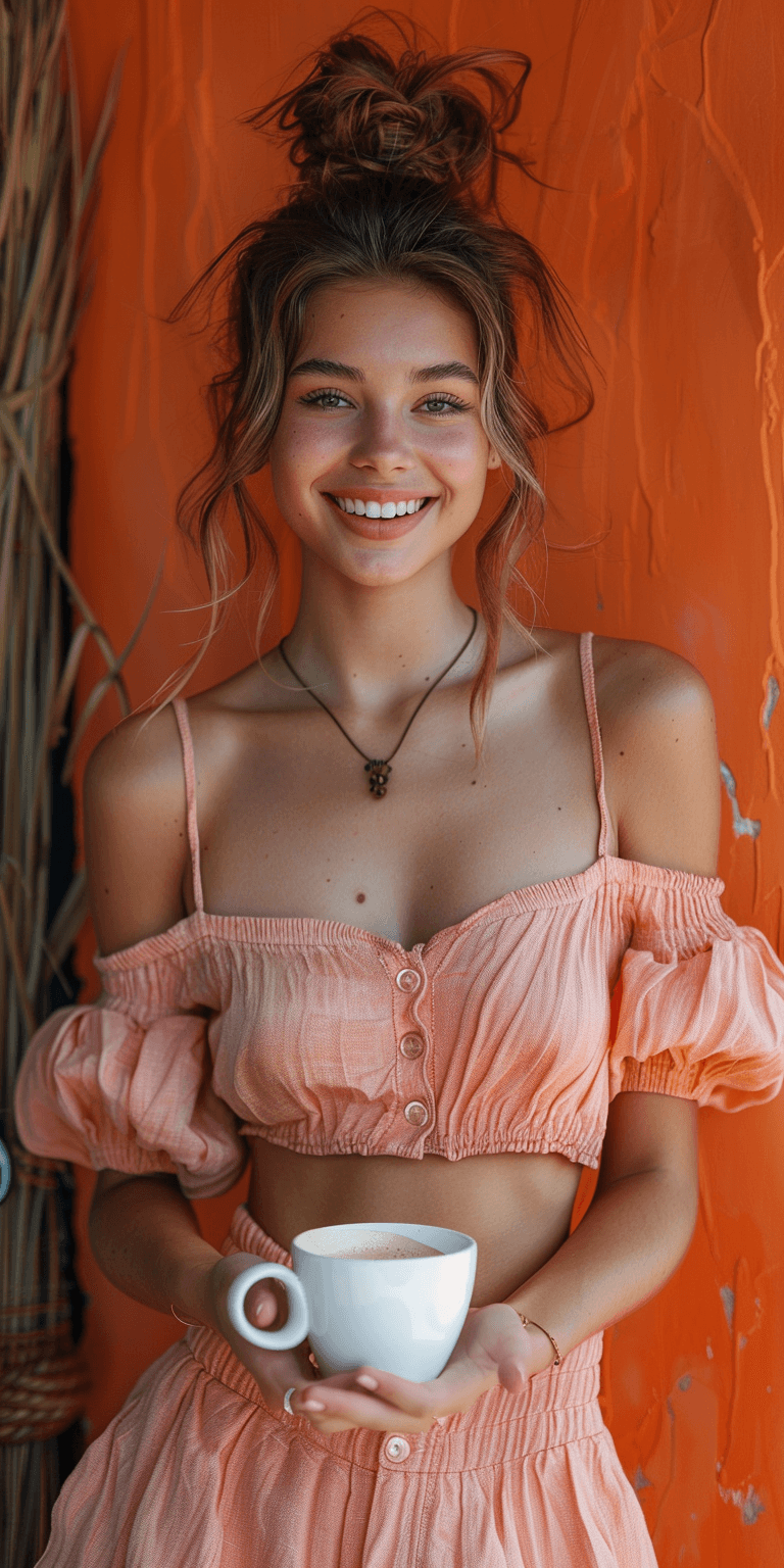 AI generated: A young woman with two buns hairstyle, wearing pink short sleeves and smiling happily while holding ...