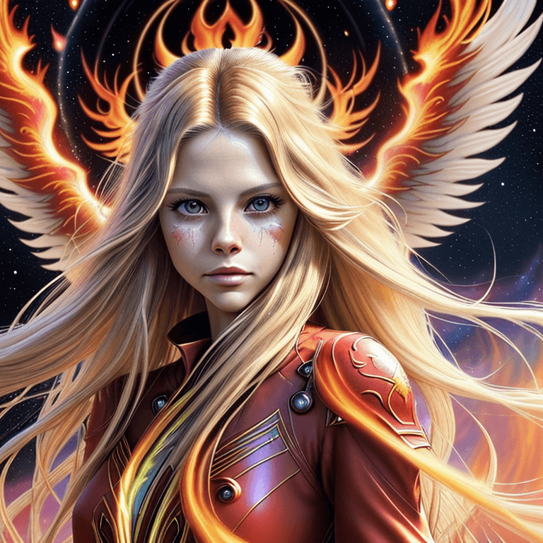 AI generated: beautiful stunning Lindsay Wagner as a phoenix, flames, in final fantasy art style, epic, long white...