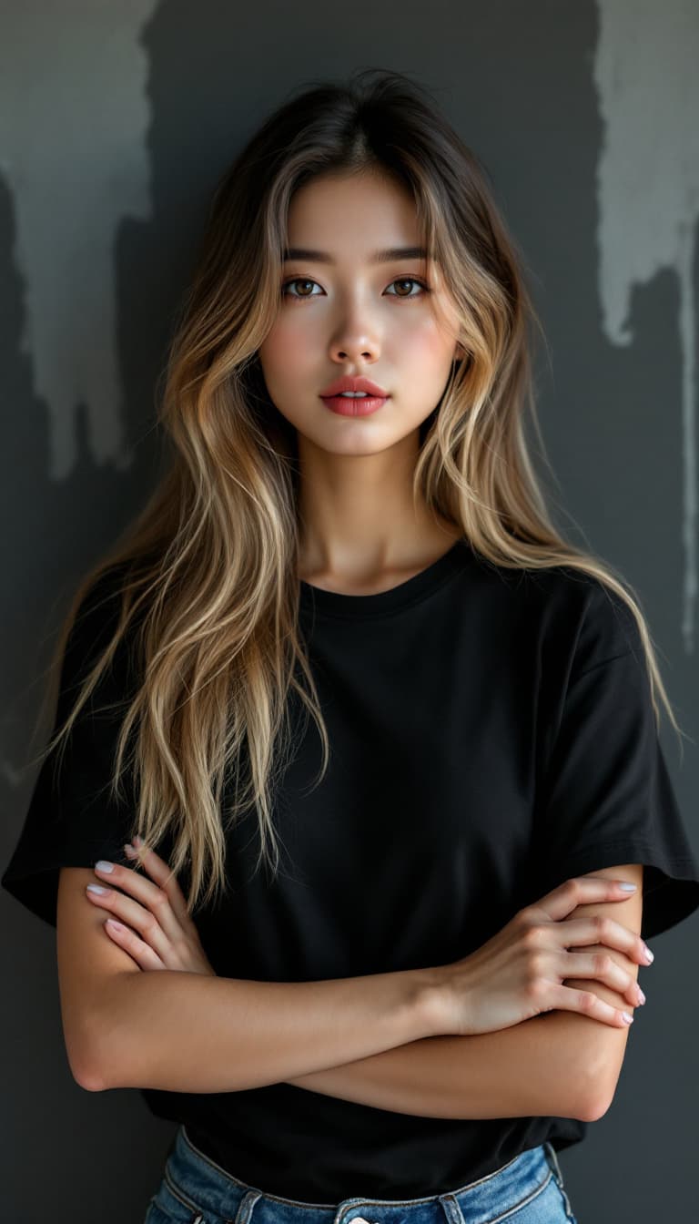 AI generated: a Asian woman in black shirt with her arms folded against , black t-shirt and blue pant also long bl...