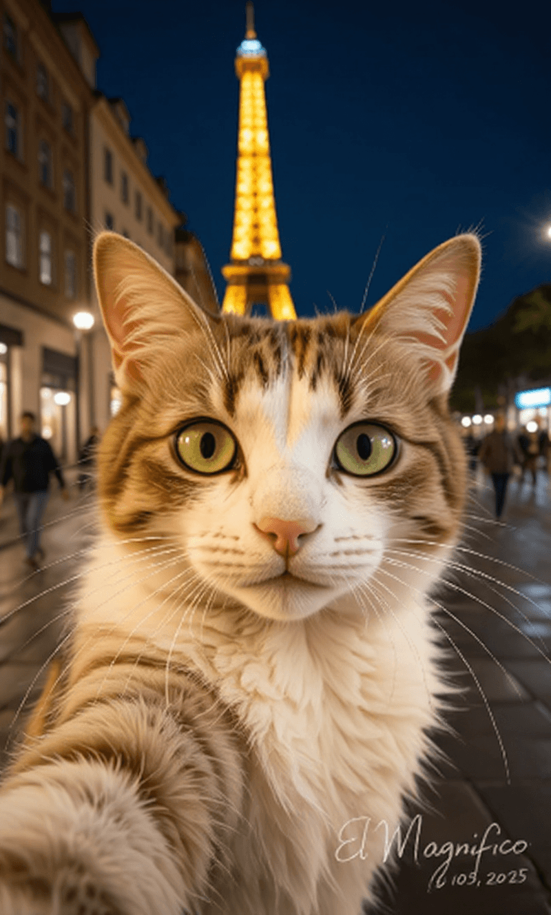 AI generated: This image captures a charming scene featuring a close-up selfie of a cat with striking green eyes a...