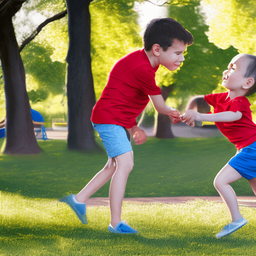 AI generated: detailed and realistic photo from two children, playing in park. The first child is dressing a red t...