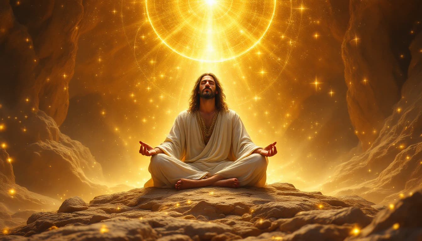AI generated: jesus surrounded by divine light in a medieval style fantasy world in the dessert  send on the rocks...