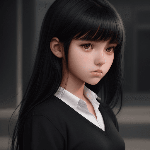 AI generated: 14-year-old black-haired female student, full-body portrait, beautiful face, perfect face, deep in t...