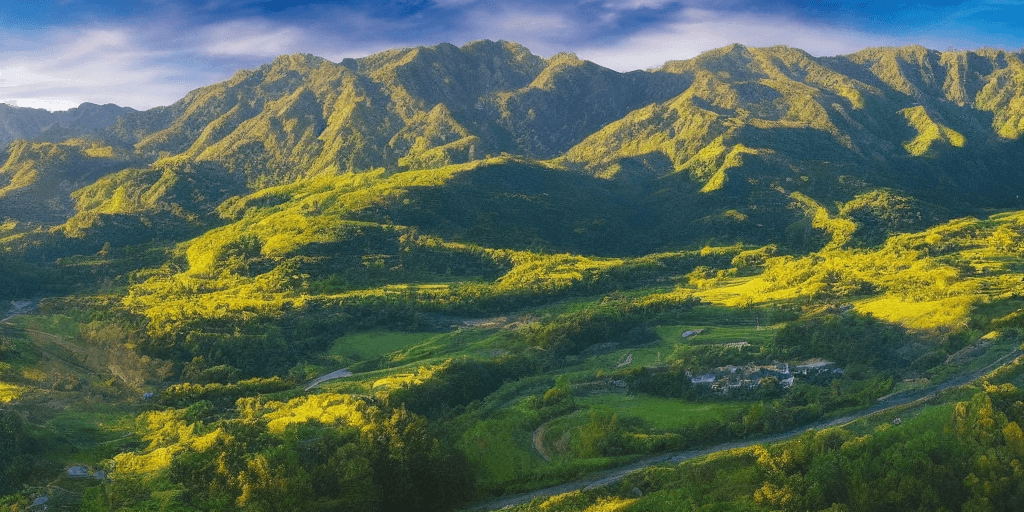 AI generated: a beautiful green landscape, stunning light, breathtaking, golden sun, promised land, mountainrange ...
