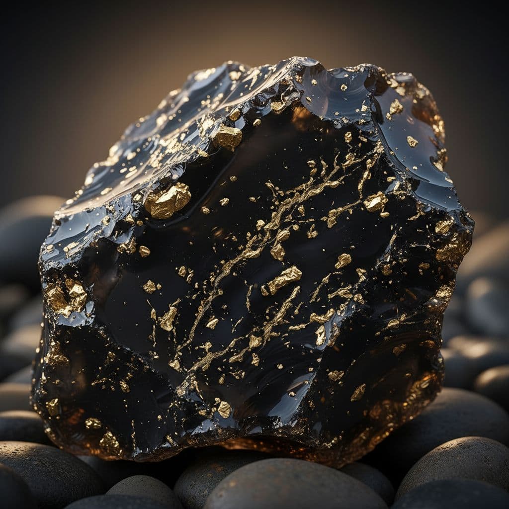 AI generated: Obsidian dark crystal with flakes of gold running throughout it 