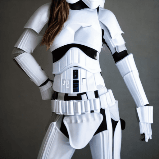 AI generated: female dressed as storm trooper, lingerie, starship background, (((full body visible))), looking at ...