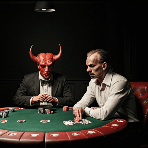 AI generated: god and satan playing poker in the dark room