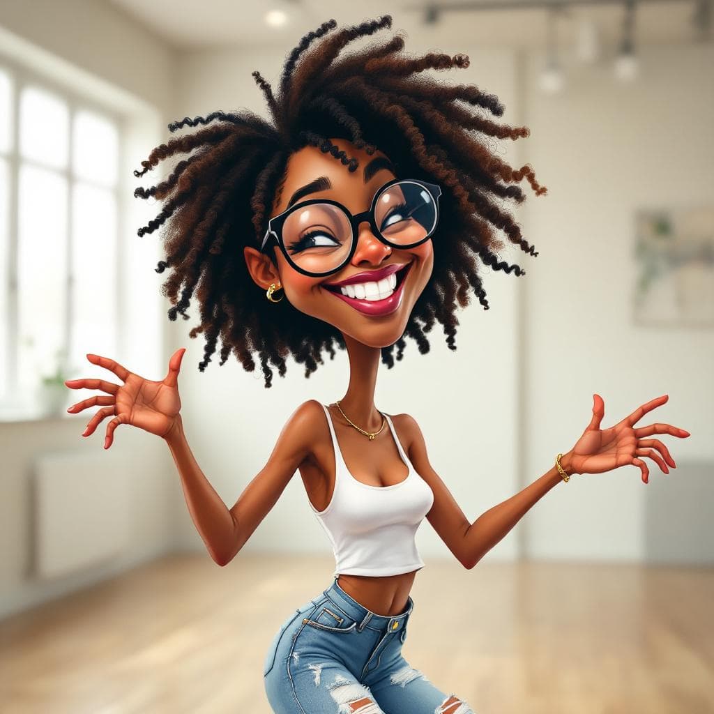 AI generated: funny caricature, hip-hop dancer caricature, young african-american female, 20 years old, big curly ...