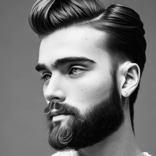 AI generated: MANN, man, model pose, minimalist, stylish nessy long hairstyle, beard, profound gaze, solid white e...