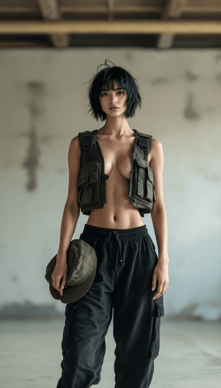 AI generated: Full body view of High fashion full body photo of a young asian female supermodel, very thin, big br...