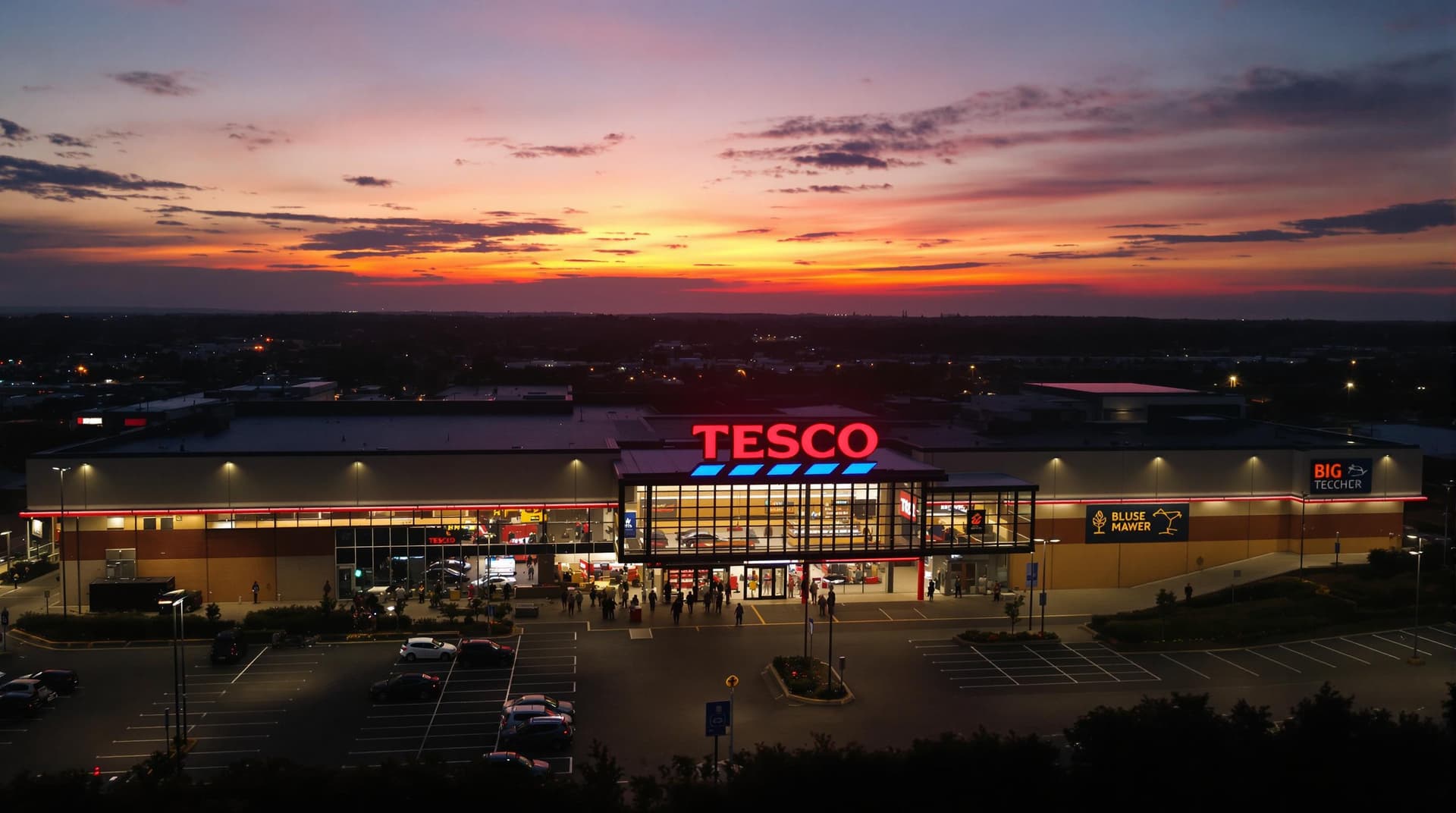AI generated: Shot from a drone, A large supermarket shot at dusk, store sign reads "BIG TESCO" spelt correctly, L...
